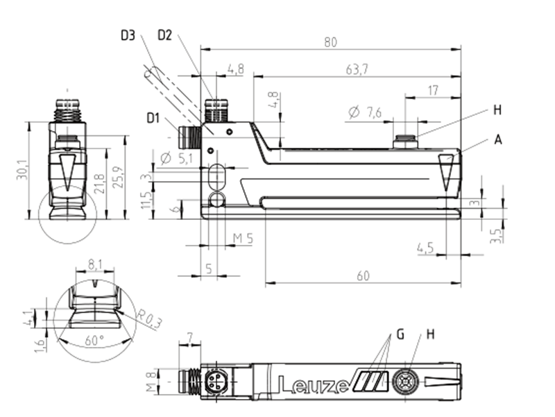 纸标签检测传感器GS63系列产品尺寸