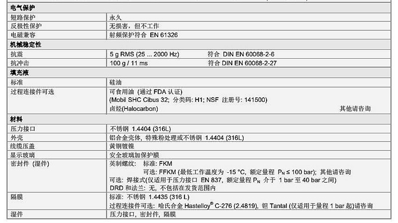 压力传感器XMP_i系列技术参数2