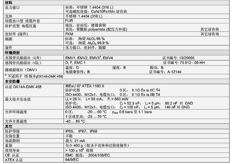 压力变送传感器技术参数DMK 458系列2