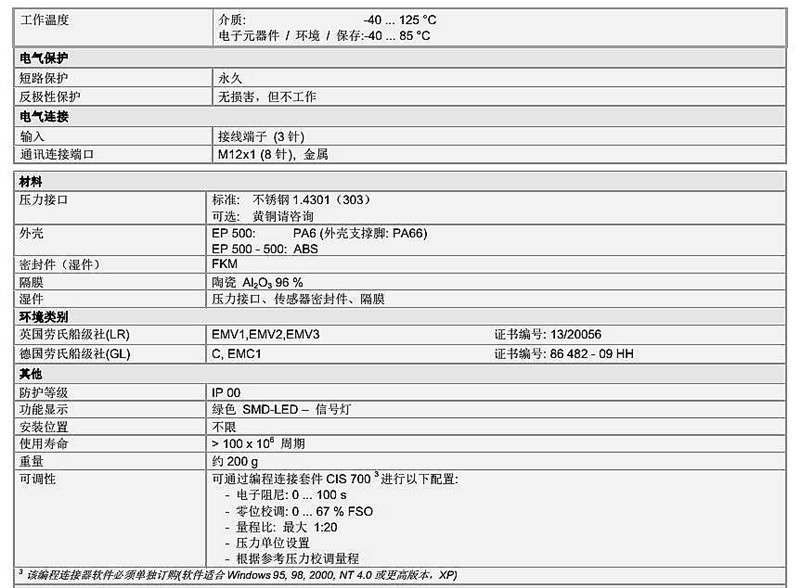 压力变送传感器技术参数EP 500系列2